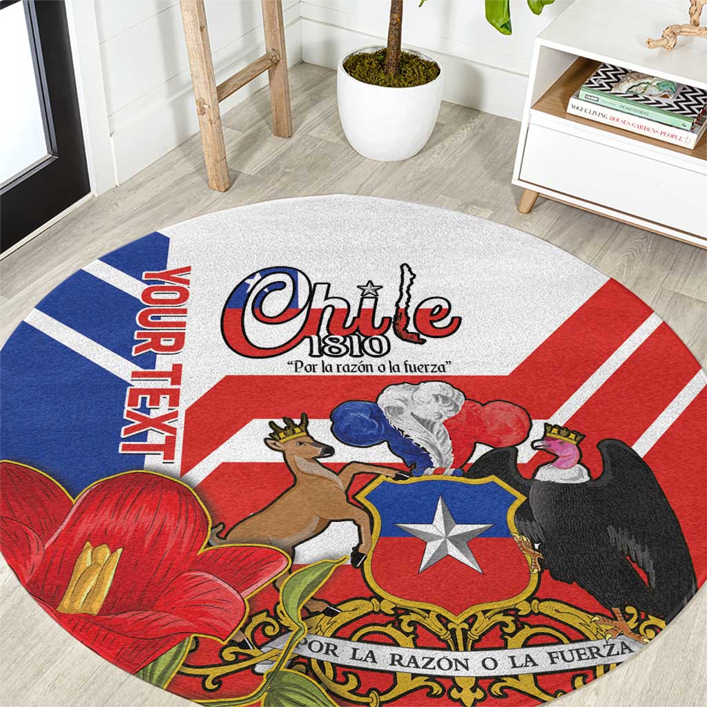 Round Chile flag carpet with large Chile lettering, star shield, and animal crest