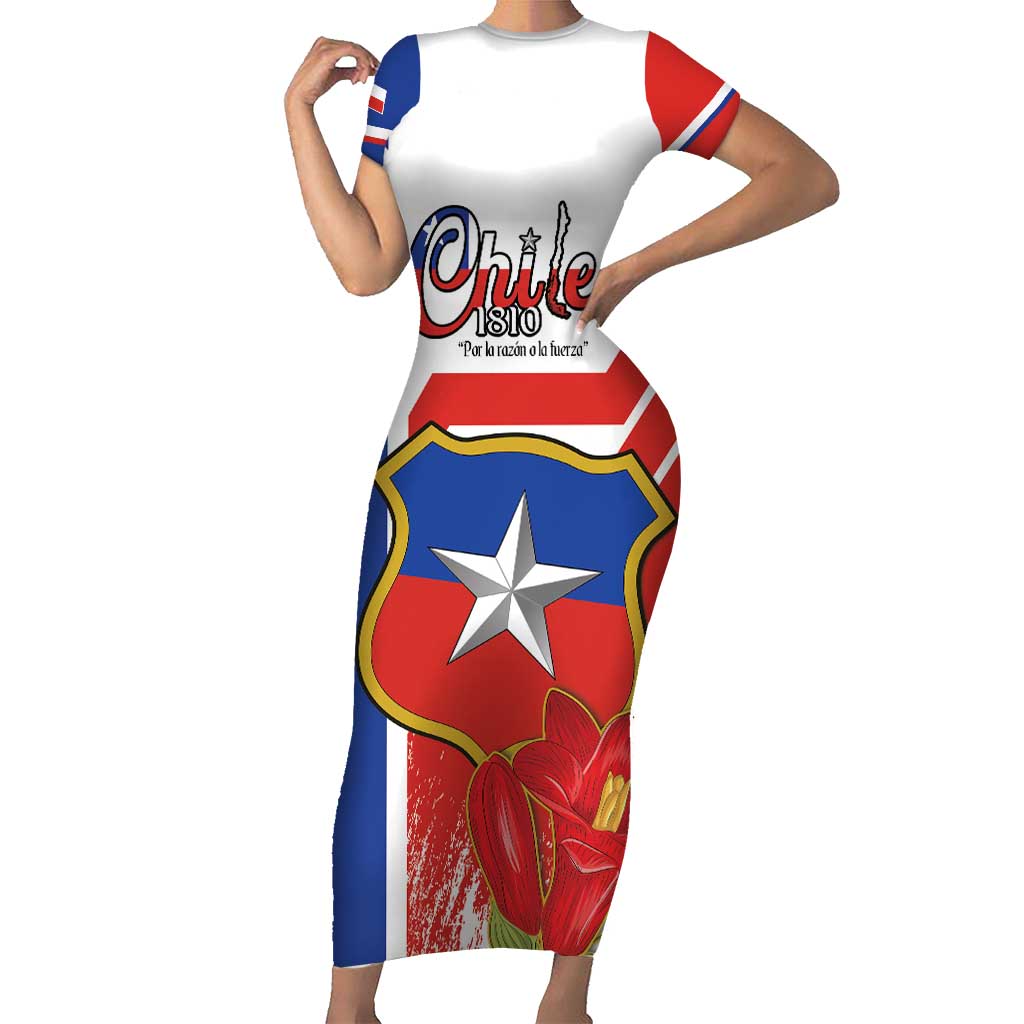 Personalized Chile Independence Day Short Sleeve Bodycon Dress Chilean Coat Of Arms Copihue Flag Style - Wonder Print Shop