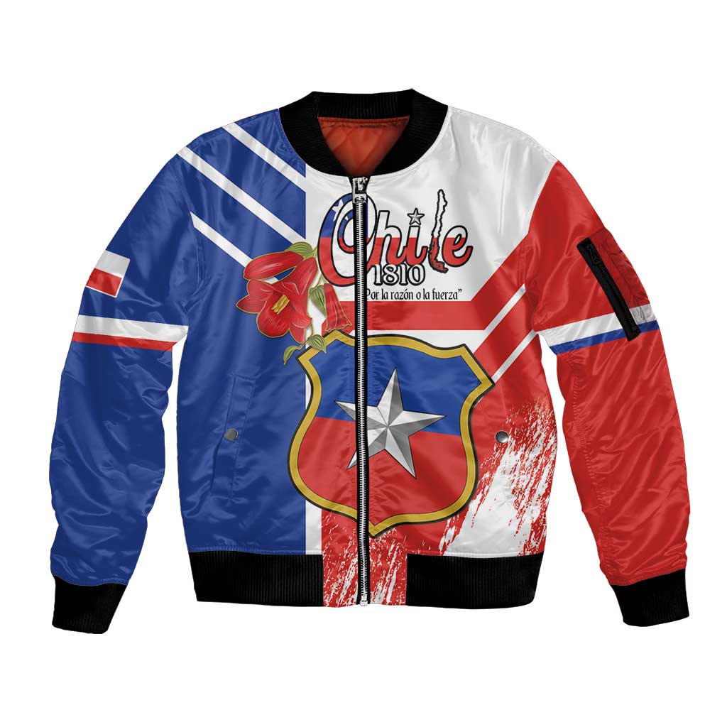 Personalized Chile Independence Day Sleeve Zip Bomber Jacket Chilean Coat Of Arms Copihue Flag Style - Wonder Print Shop