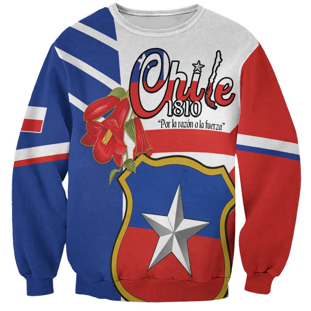 Personalized Chile Independence Day Sweatshirt Chilean Coat Of Arms Copihue Flag Style - Wonder Print Shop