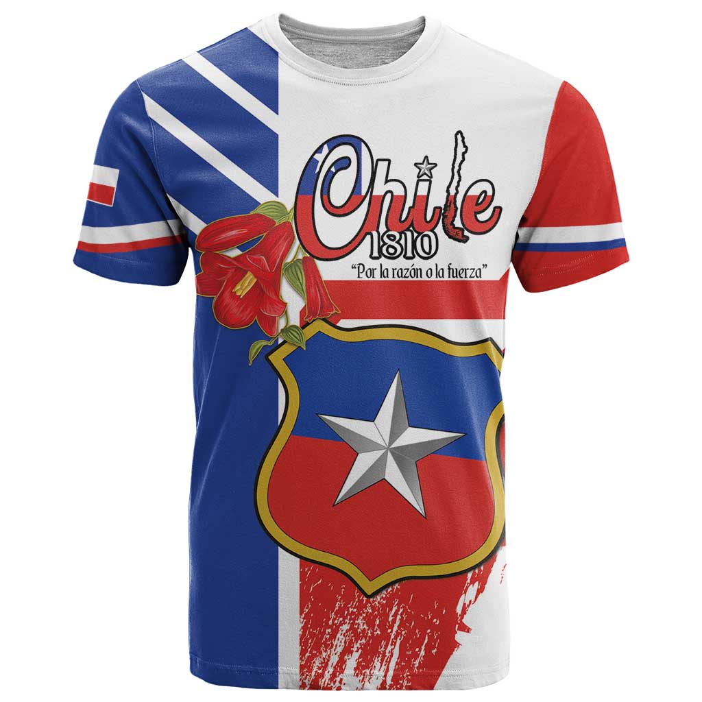 Personalized Chile Independence Day T Shirt Chilean Coat Of Arms Copihue Flag Style - Wonder Print Shop