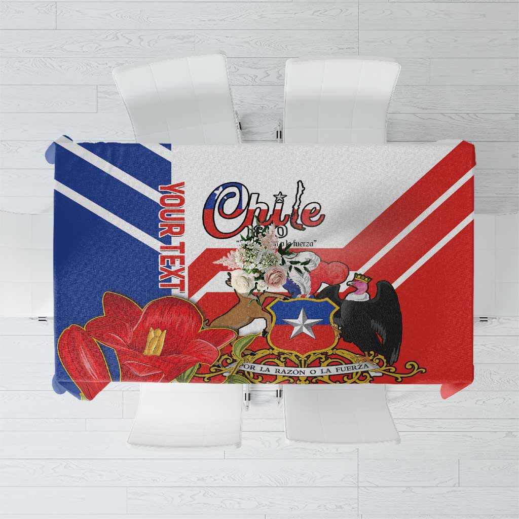 Red Chile flag-style tablecloth with coat of arms and copihue flowers, center print