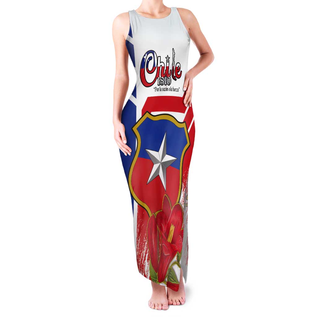 Personalized Chile Independence Day Tank Maxi Dress Chilean Coat Of Arms Copihue Flag Style - Wonder Print Shop