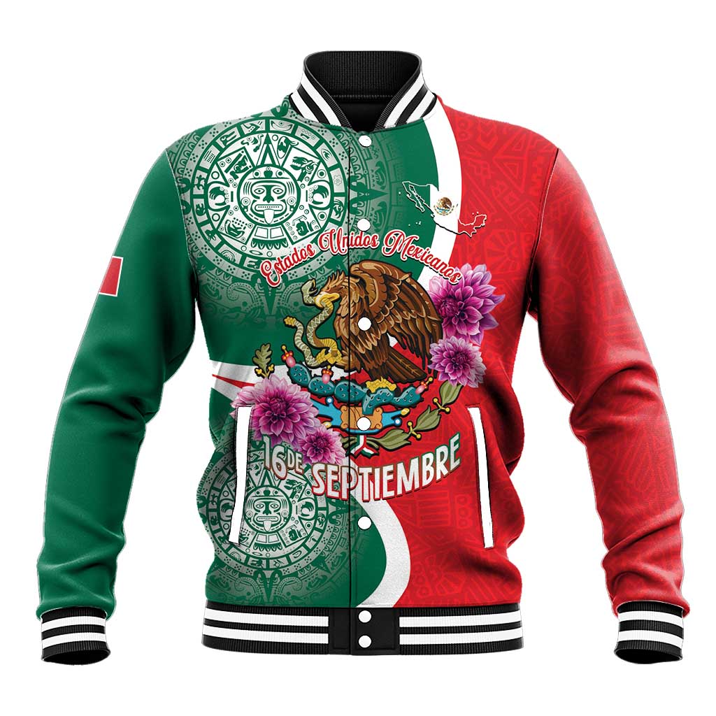 Two-tone green red baseball jacket with striped ribbed collar, eagle front graphic and snap buttons