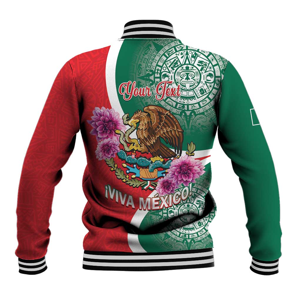 Two-tone green red baseball jacket with striped ribbed collar and back graphic print