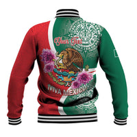 Two-tone green red baseball jacket with striped ribbed collar and back graphic print