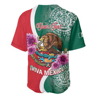 Green and red baseball jersey with eagle artwork, purple flowers, and Viva Mexico text