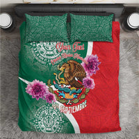 Green and red Mexico-themed bedding set with Aztec patterns, eagle, and purple flowers