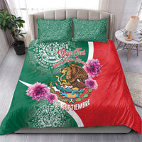 Mexico-themed bedding set, green and red with Aztec patterns, eagle crest, and purple blooms