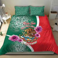 Green and red Mexico-themed bedding set with Aztec patterns, eagle crest, and purple blooms