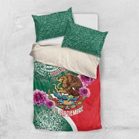 Green and red Mexico-themed bedding set with Aztec motifs, eagle, and purple floral accents