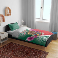 Mexico-themed bedding set with green and red panels, Aztec motifs, eagle, and purple flowers