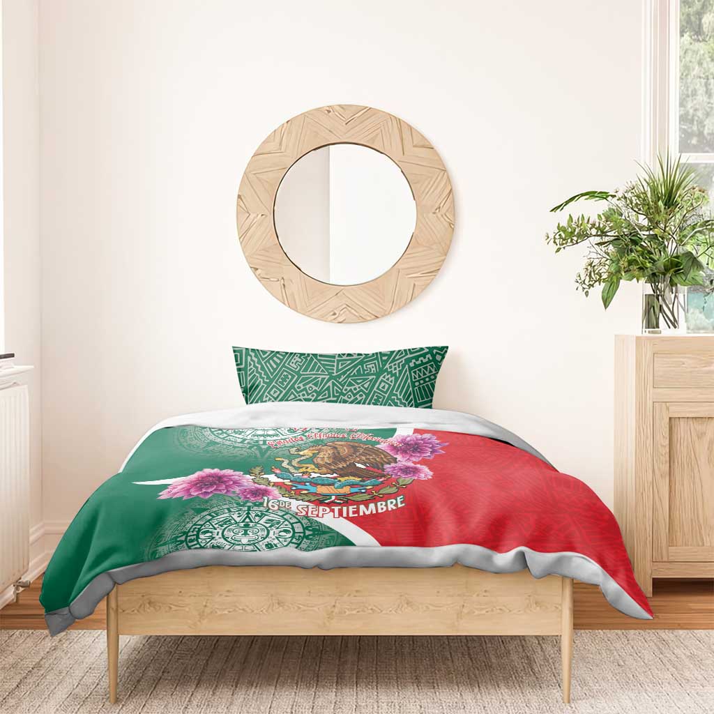 Green and red bedding set with Aztec banding, eagle emblem, and purple blossoms