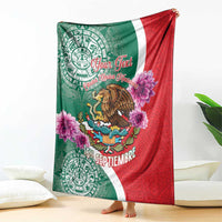 Personalized Mexico independence blanket with green-red Aztec pattern, eagle, purple flowers
