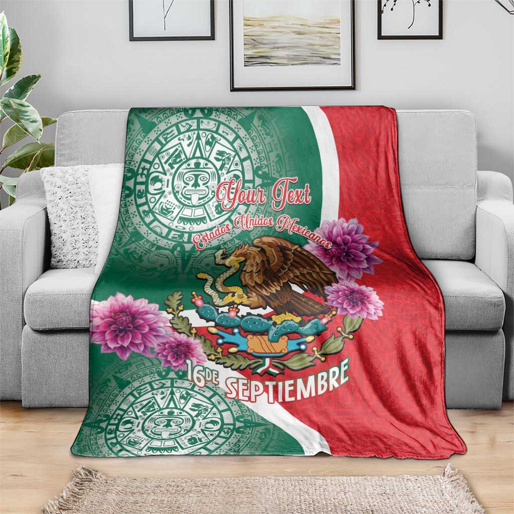 Personalized Mexico independence blanket draped on sofa; green and red Aztec eagle design