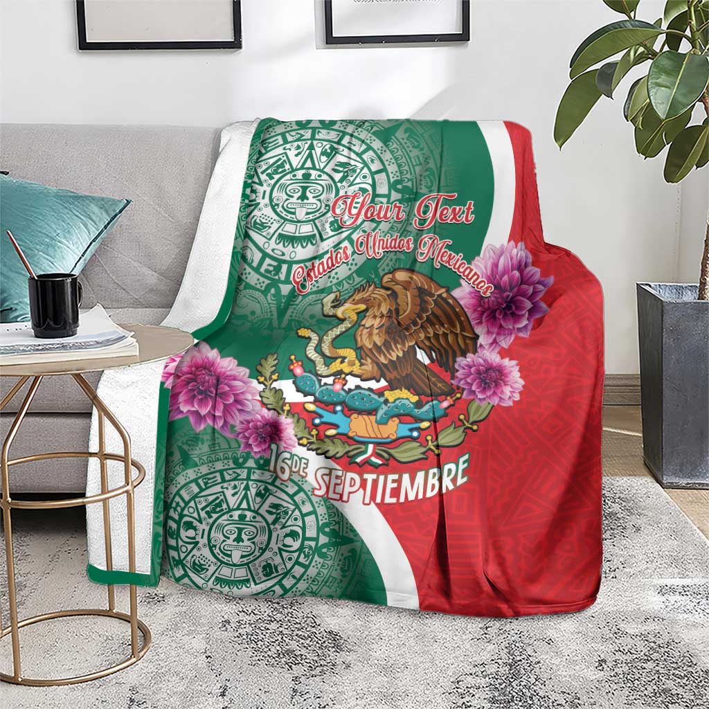 Personalized Mexico independence blanket on couch; green-red Aztec eagle with purple blooms