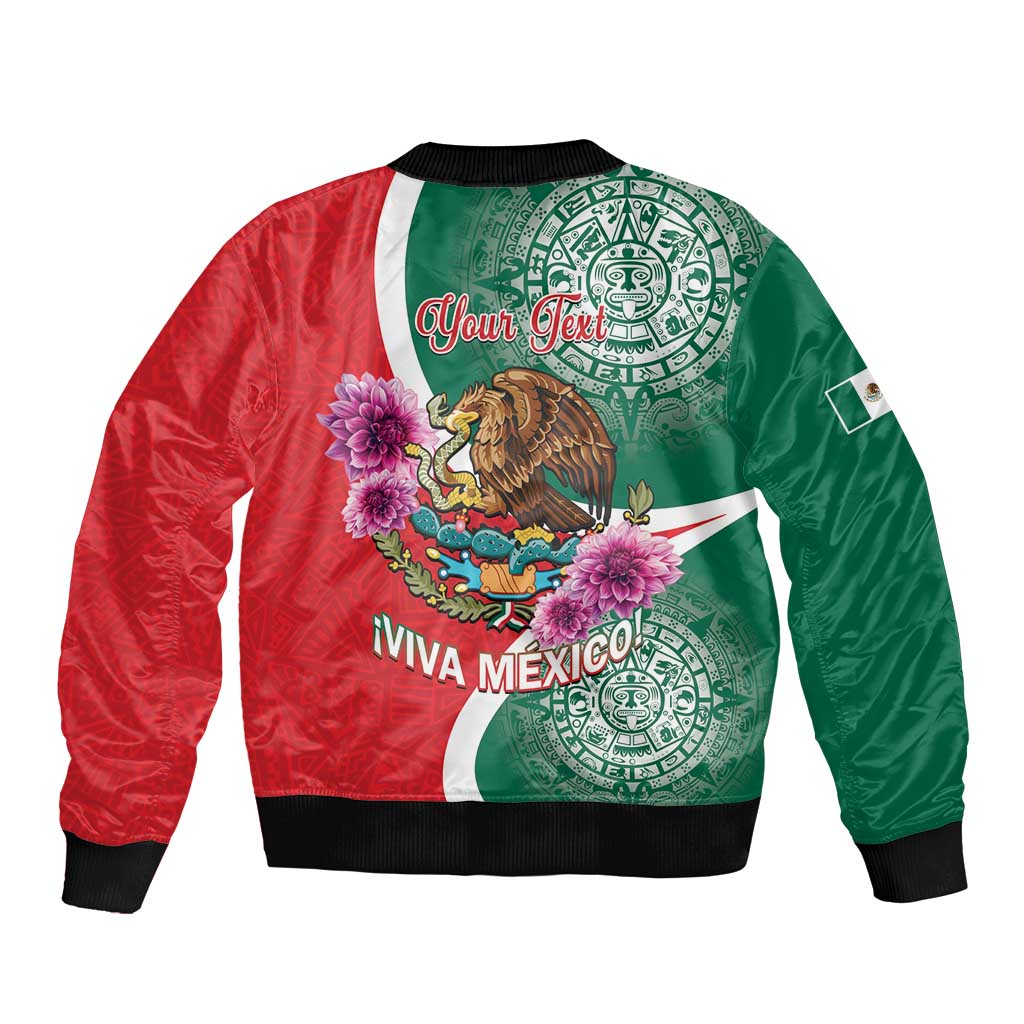 Unisex bomber jacket, red and green back with Viva Mexico text and Aztec emblem