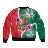 Unisex bomber jacket, red and green back with Viva Mexico text and Aztec emblem