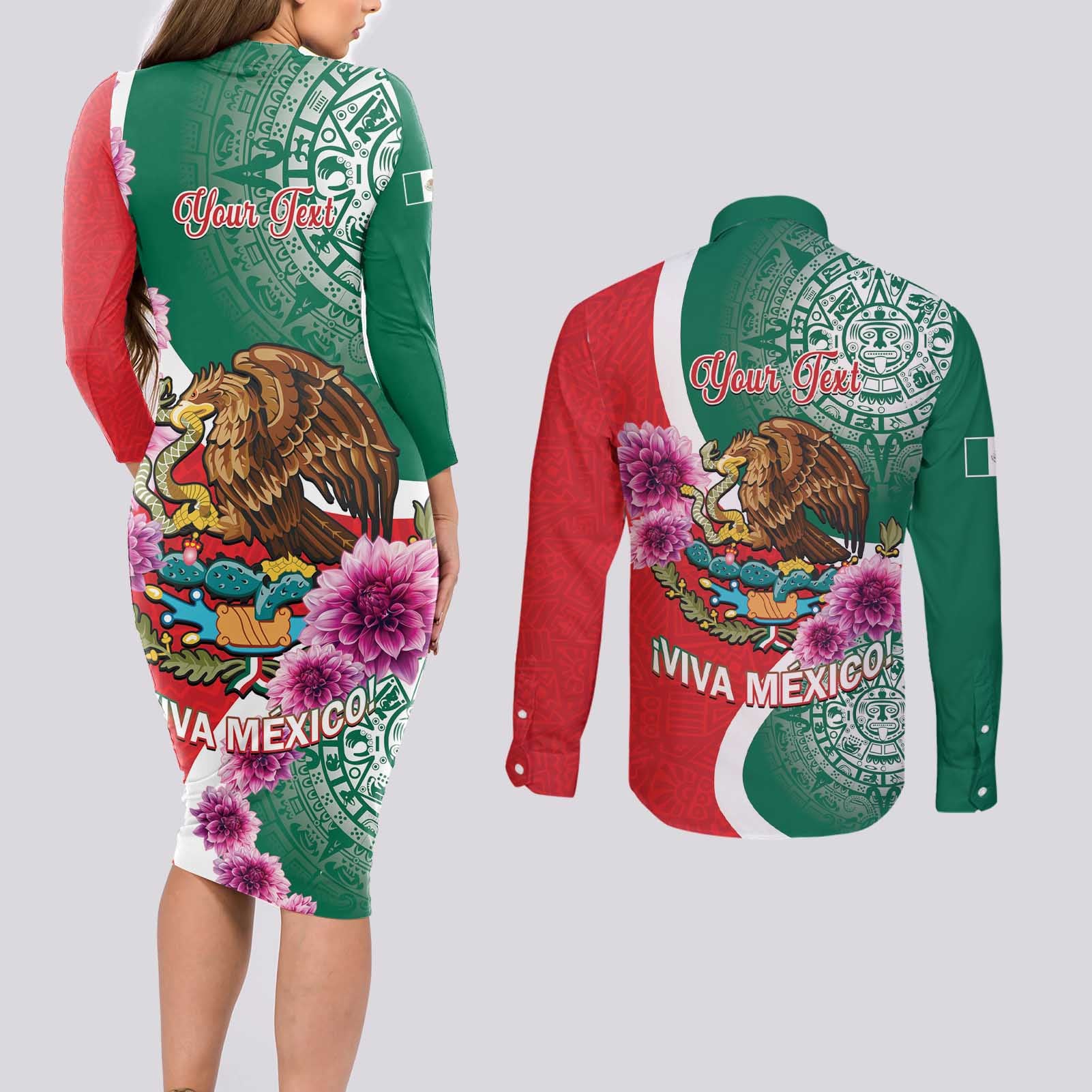 Personalized Mexico Independence Day Couples Matching Long Sleeve Bodycon Dress and Long Sleeve Button Shirt 16 De Septiembre Mexican Aztec