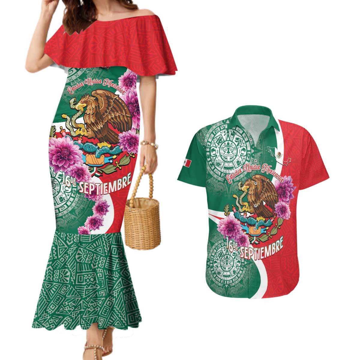 Personalized Mexico Independence Day Couples Matching Mermaid Dress and Hawaiian Shirt 16 De Septiembre Mexican Aztec