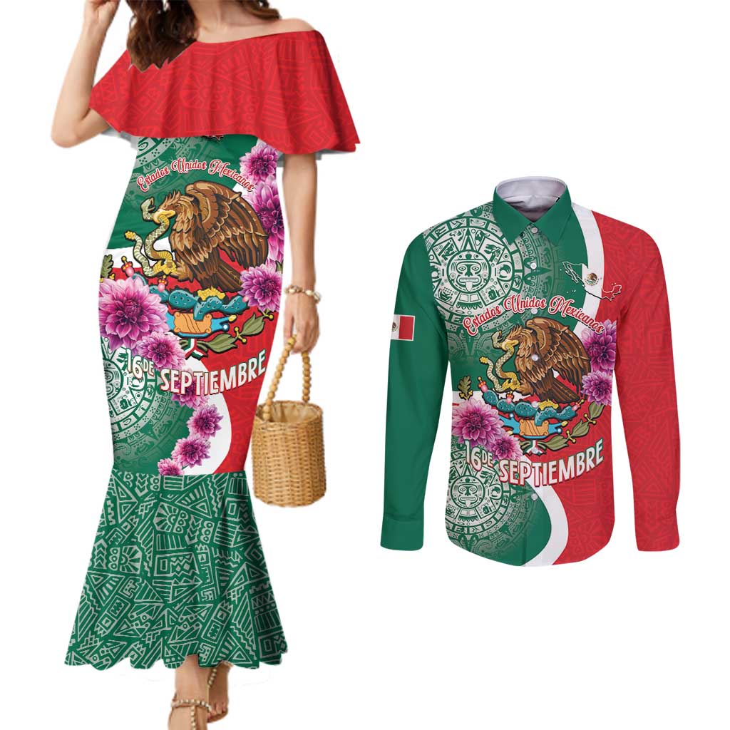 Personalized Mexico Independence Day Couples Matching Mermaid Dress and Long Sleeve Button Shirt 16 De Septiembre Mexican Aztec