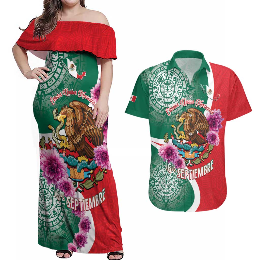 Personalized Mexico Independence Day Couples Matching Off Shoulder Maxi Dress and Hawaiian Shirt 16 De Septiembre Mexican Aztec