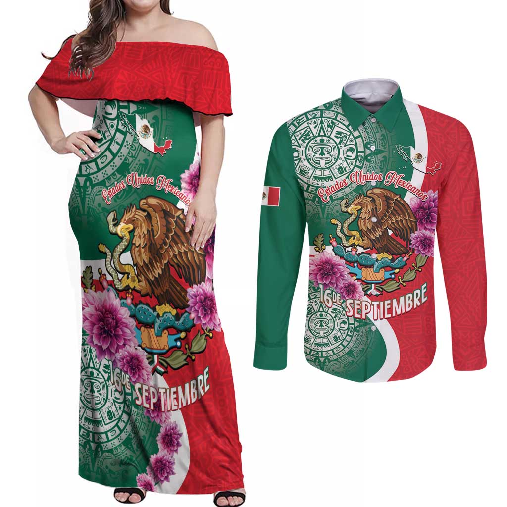 Personalized Mexico Independence Day Couples Matching Off Shoulder Maxi Dress and Long Sleeve Button Shirt 16 De Septiembre Mexican Aztec