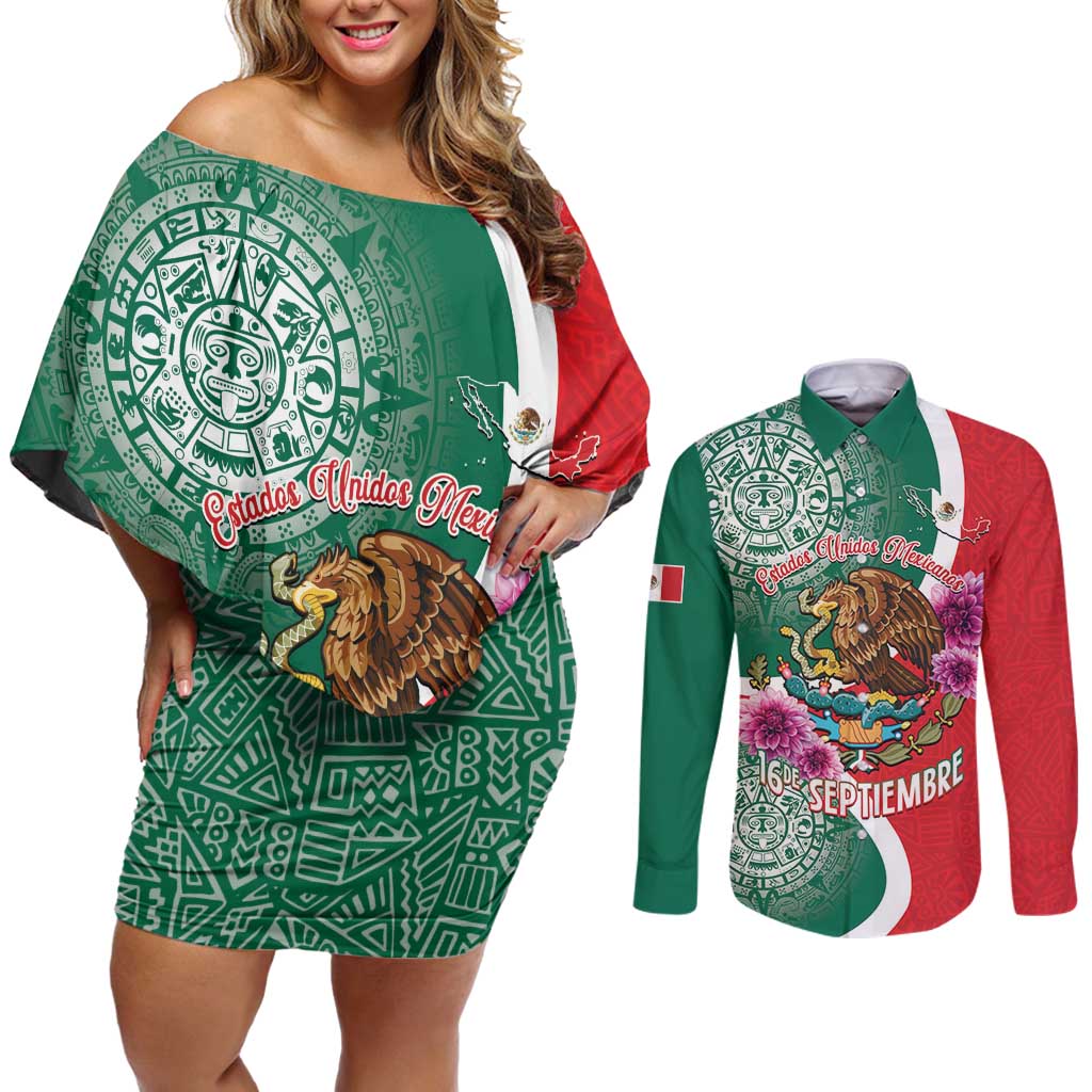 Personalized Mexico Independence Day Couples Matching Off Shoulder Short Dress and Long Sleeve Button Shirt 16 De Septiembre Mexican Aztec