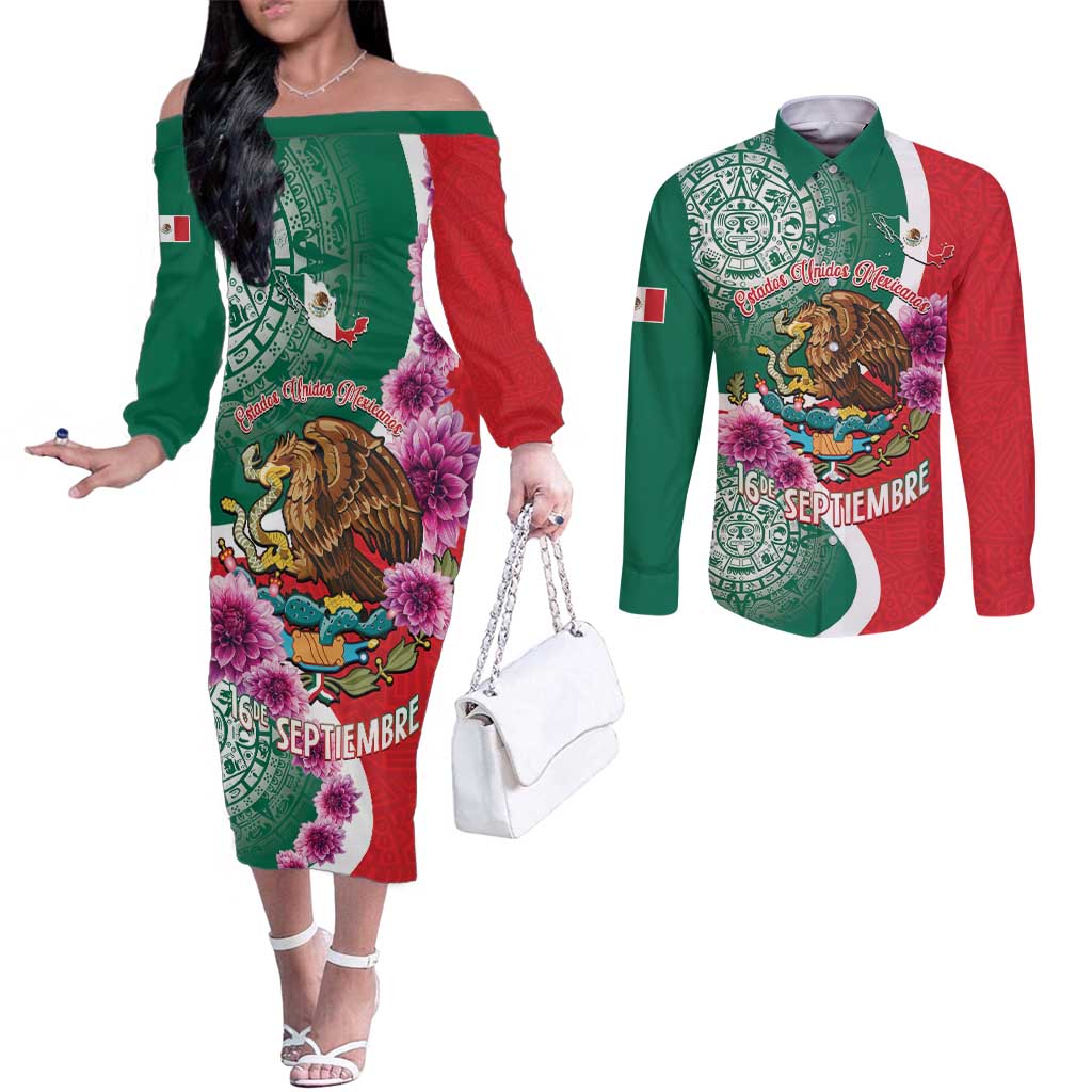 Personalized Mexico Independence Day Couples Matching Off The Shoulder Long Sleeve Dress and Long Sleeve Button Shirt 16 De Septiembre Mexican Aztec