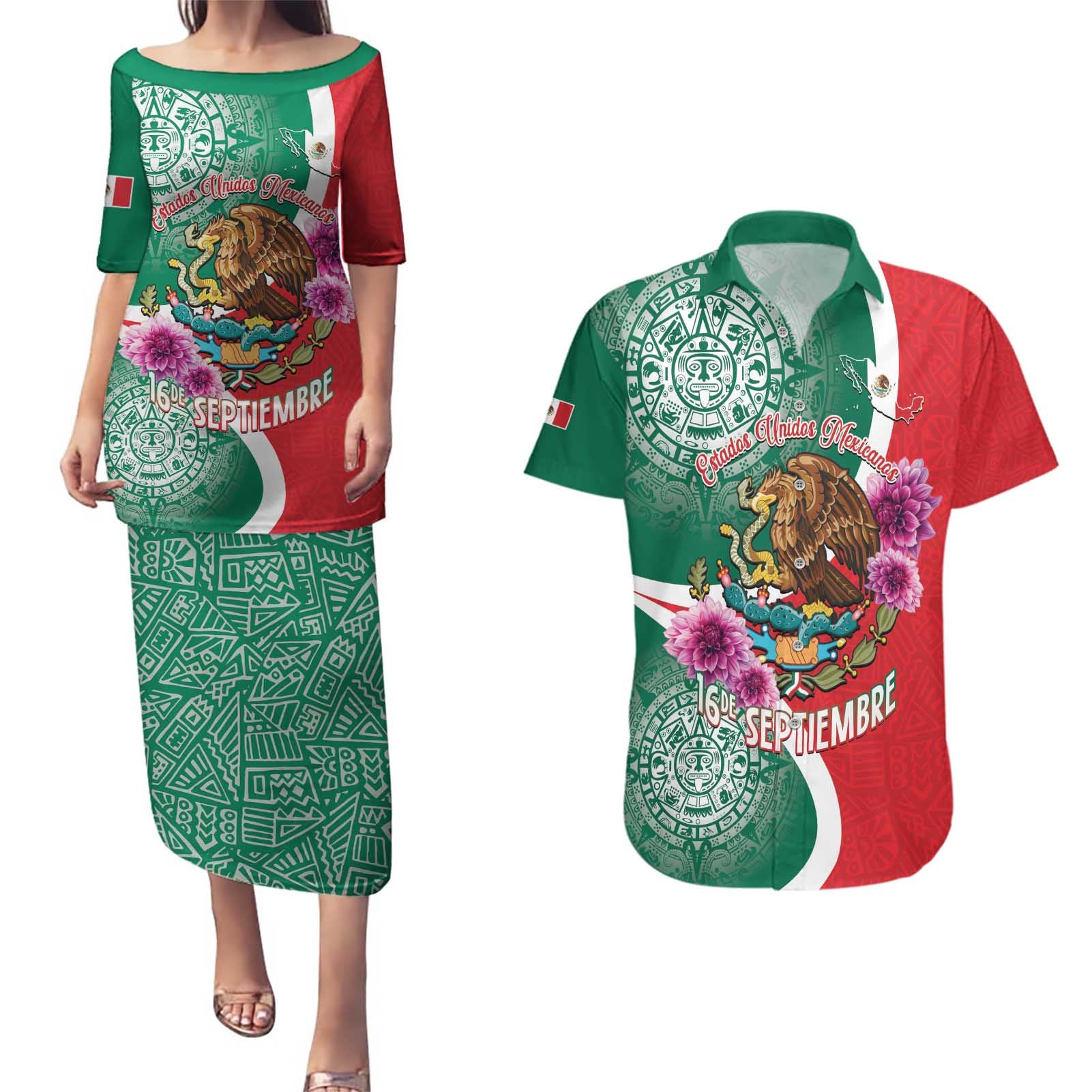 Personalized Mexico Independence Day Couples Matching Puletasi and Hawaiian Shirt 16 De Septiembre Mexican Aztec