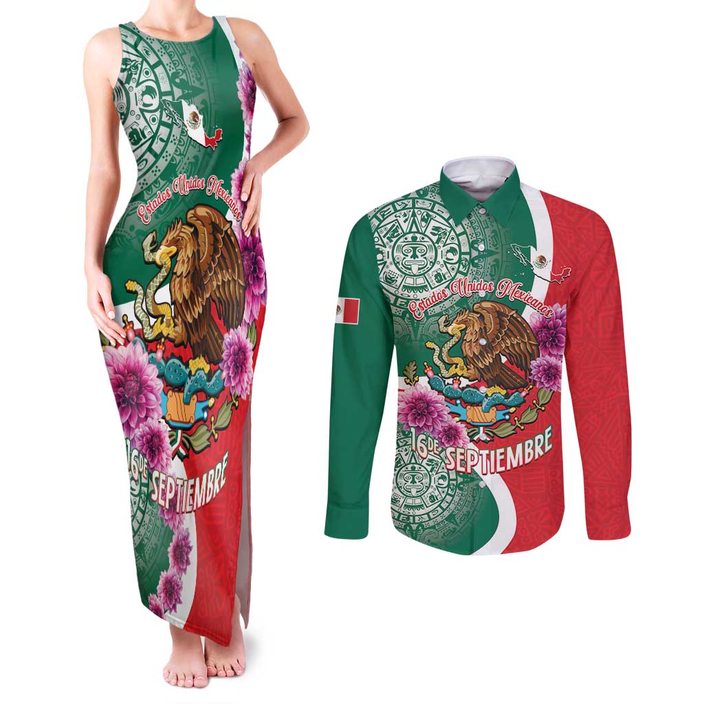 Personalized Mexico Independence Day Couples Matching Tank Maxi Dress and Long Sleeve Button Shirt 16 De Septiembre Mexican Aztec