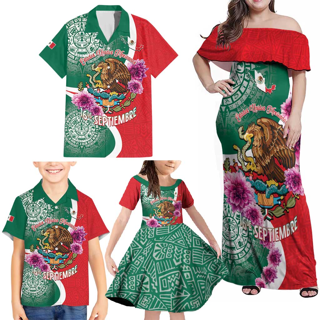 Personalized Mexico Independence Day Family Matching Off Shoulder Maxi Dress and Hawaiian Shirt 16 De Septiembre Mexican Aztec