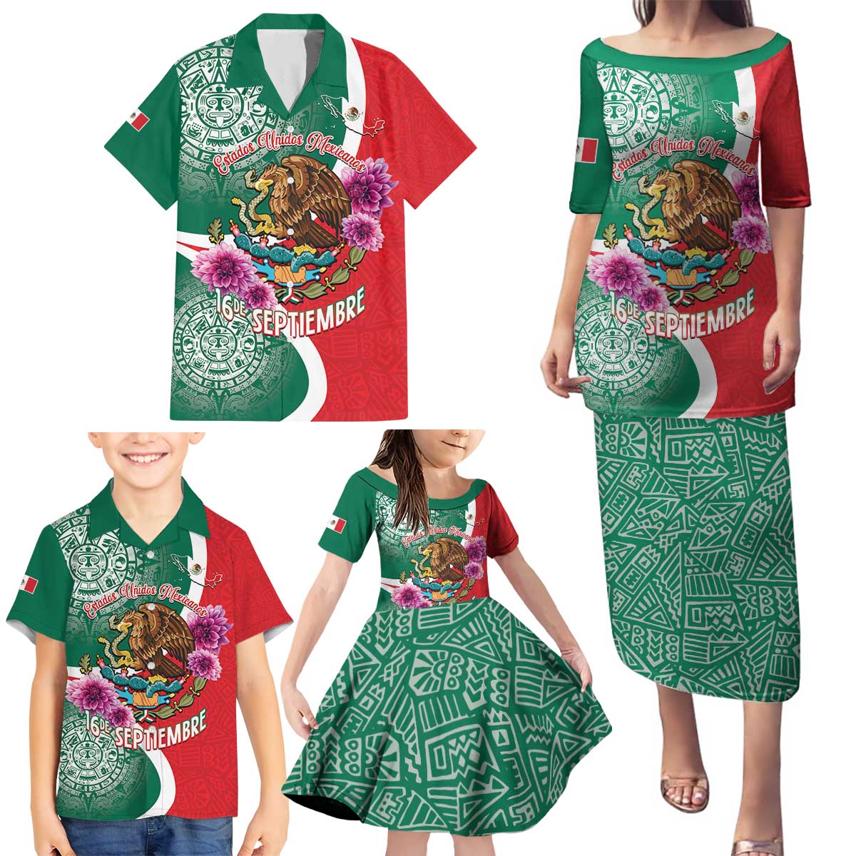 Personalized Mexico Independence Day Family Matching Puletasi and Hawaiian Shirt 16 De Septiembre Mexican Aztec