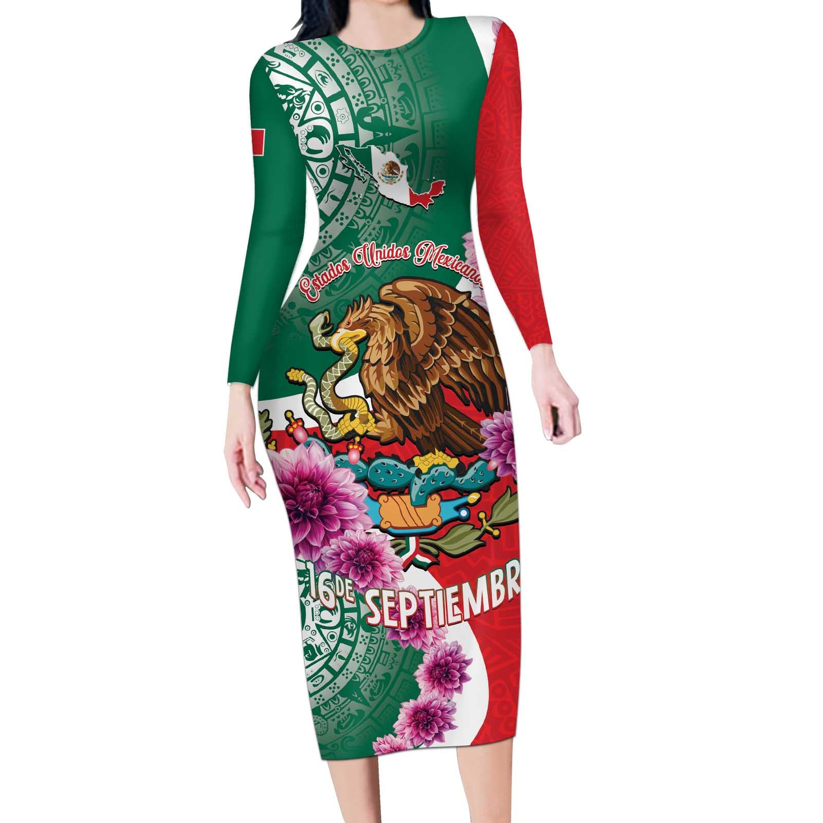 Personalized Mexico Independence Day Long Sleeve Bodycon Dress 16 De Septiembre Mexican Aztec - Wonder Print Shop