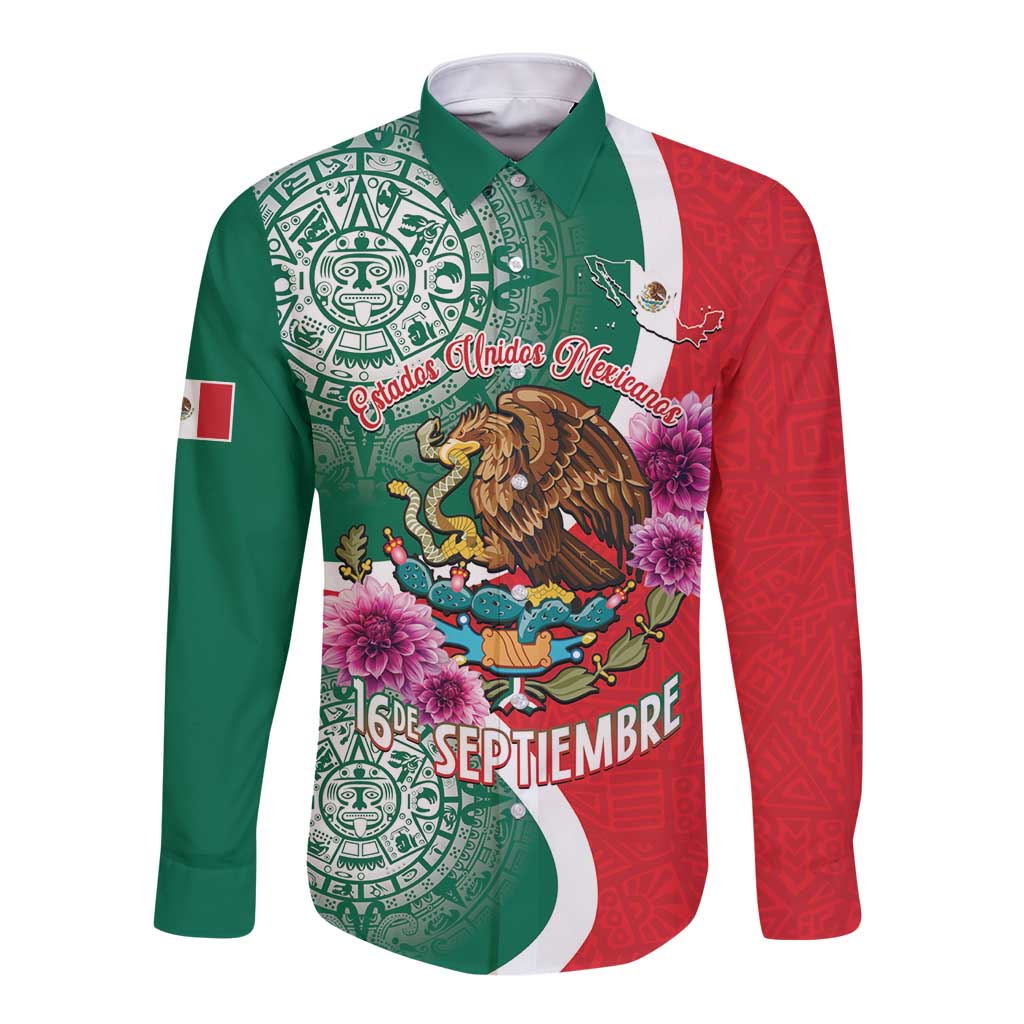 Personalized Mexico Independence Day Long Sleeve Button Shirt 16 De Septiembre Mexican Aztec - Wonder Print Shop