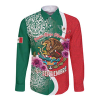 Long-sleeve button shirt, green/red panels with eagle and floral Aztec print