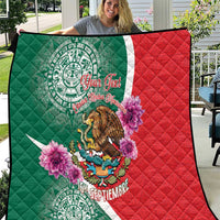 Green and red quilt with eagle, floral accents, and Mexico independence graphics.
