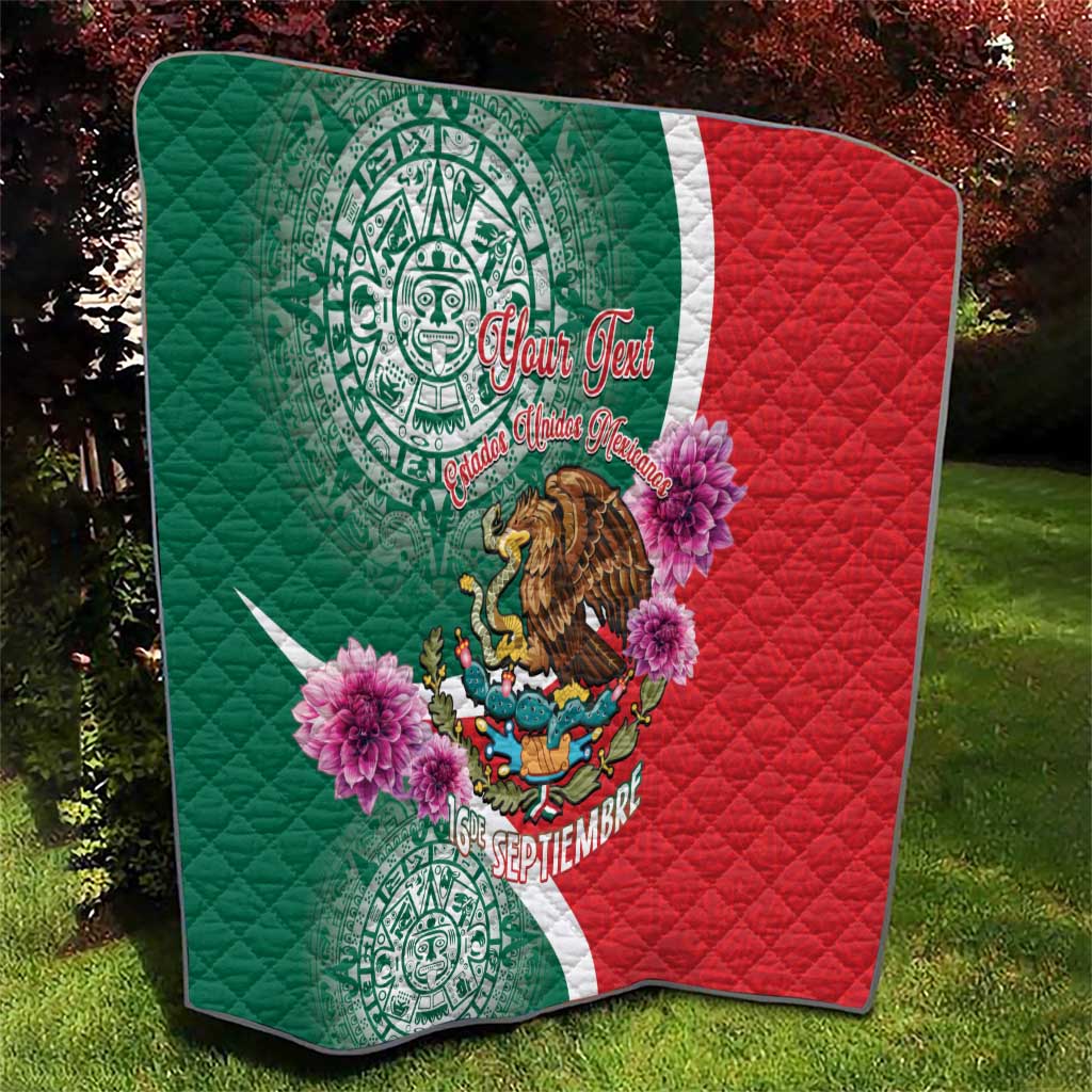 Green and red quilt with eagle and pink flowers, bordered by white diagonal stripes.