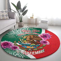 Round Mexico-themed carpet in green and red with eagle center and pink flower accents