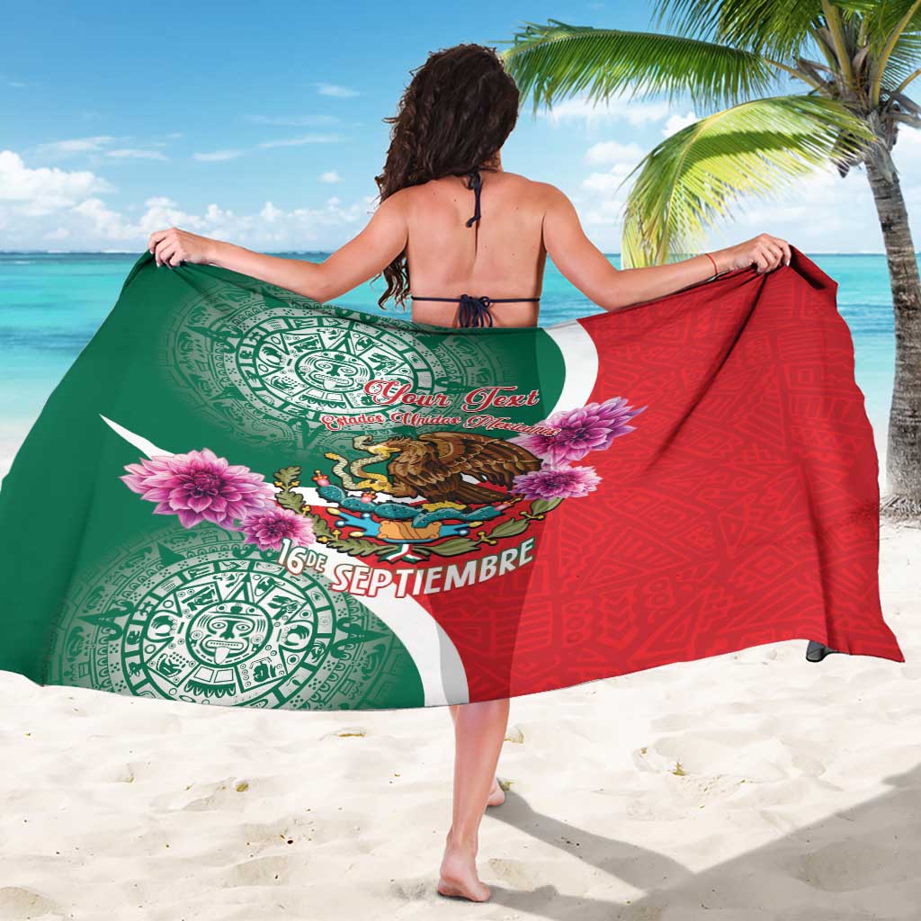 Mexico-style sarong draped over shoulders, green side and red side with eagle and flowers