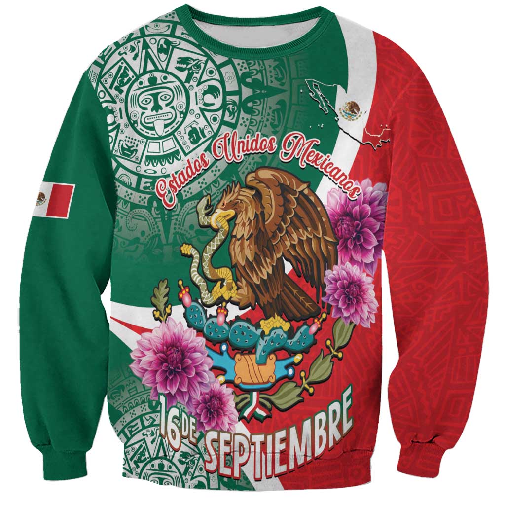 Color-block crewneck sweatshirt with eagle, pink flowers, and 'SEPTIEMBRE' text