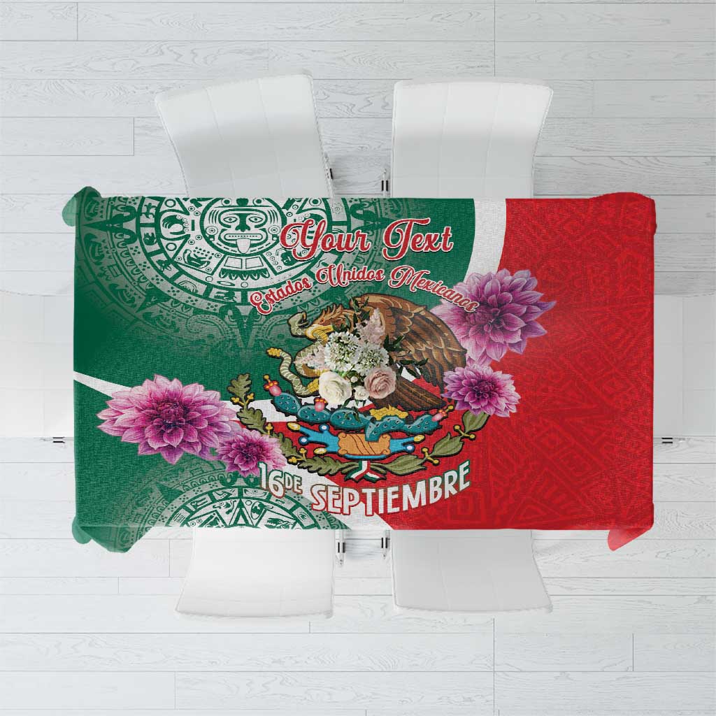 Green and red personalized tablecloth with Aztec print and 16 de septiembre text