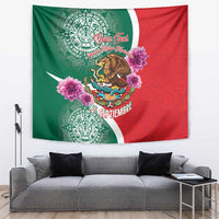 Green and red Mexico independence tapestry with eagle, flowers, Aztec medallions, 16 Septiembre