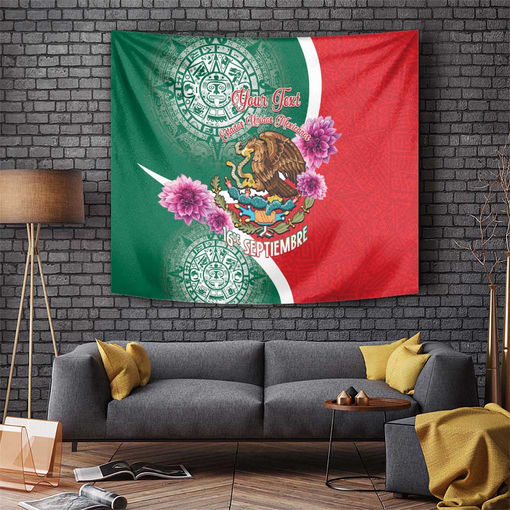 Wall-hanging green and red independence tapestry with eagle, pink flowers, Aztec seals