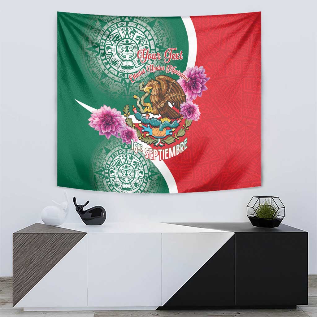 Green and red wall tapestry with eagle, pink flowers, and Aztec medallion border