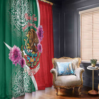 Mexico Independence Day window curtains with green and red panels, eagle, flowers, and crest
