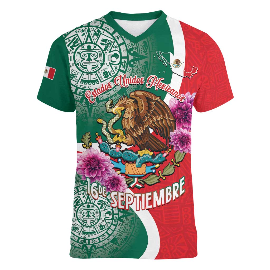 Personalized Mexico Independence Day Women V-Neck T-Shirt 16 De Septiembre Mexican Aztec - Wonder Print Shop