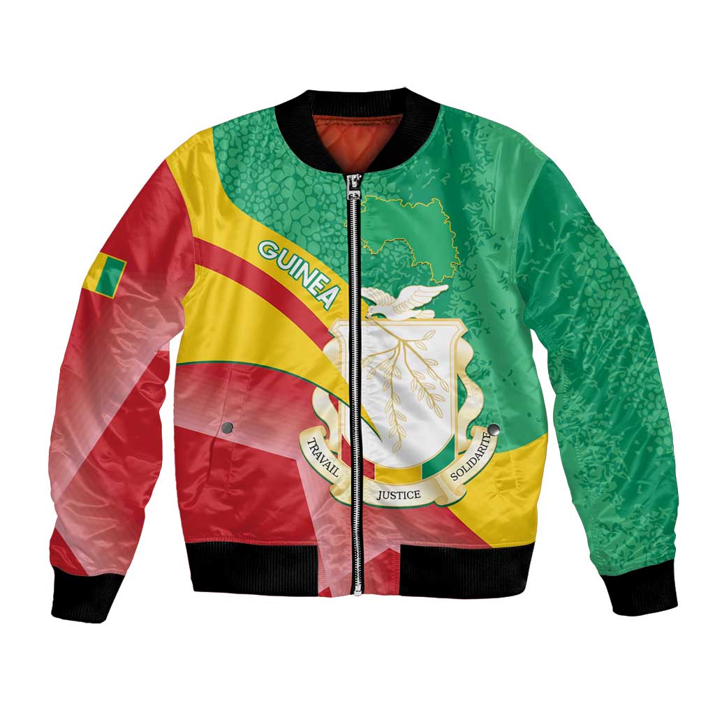 Unisex green bomber jacket, full-zip front, Guinea crest and tricolor stripes, ribbed cuffs