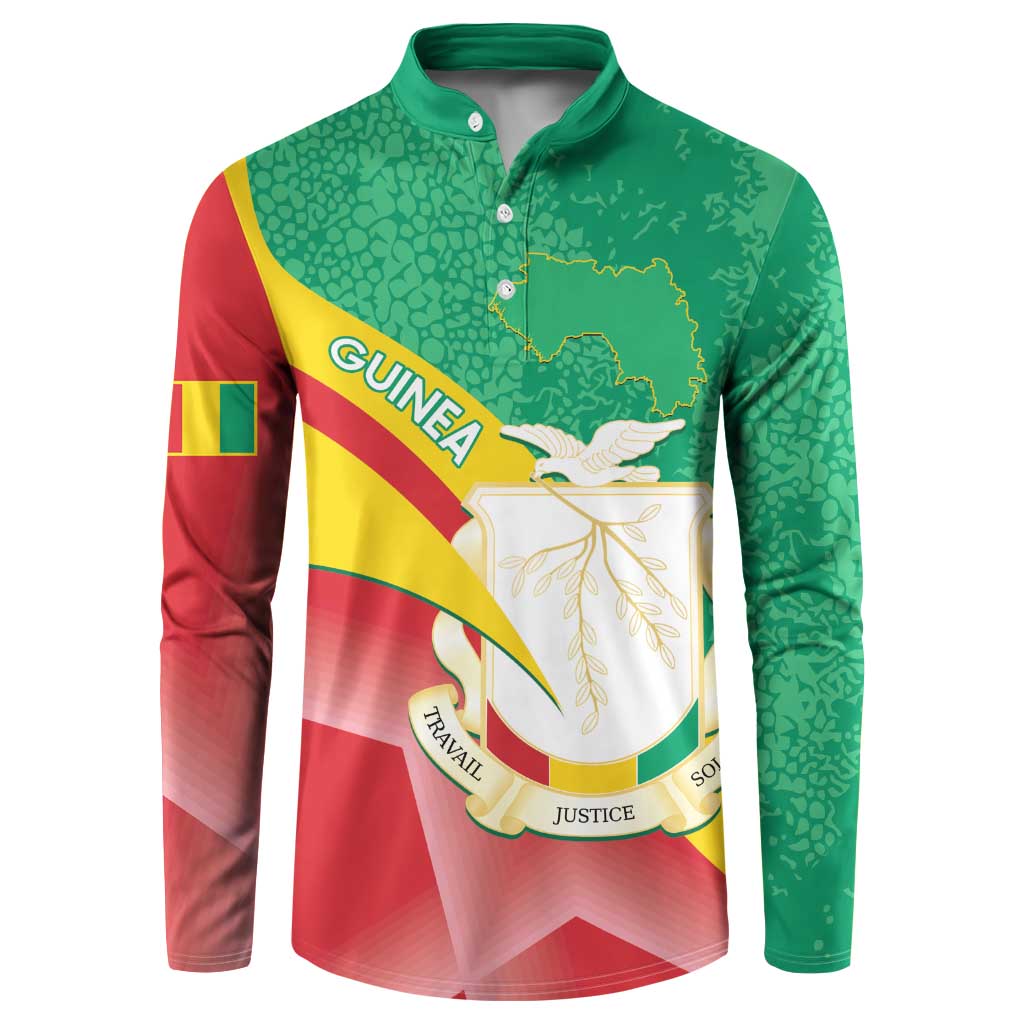 Green button sweatshirt with Guinea flag graphic and coat of arms, long sleeves