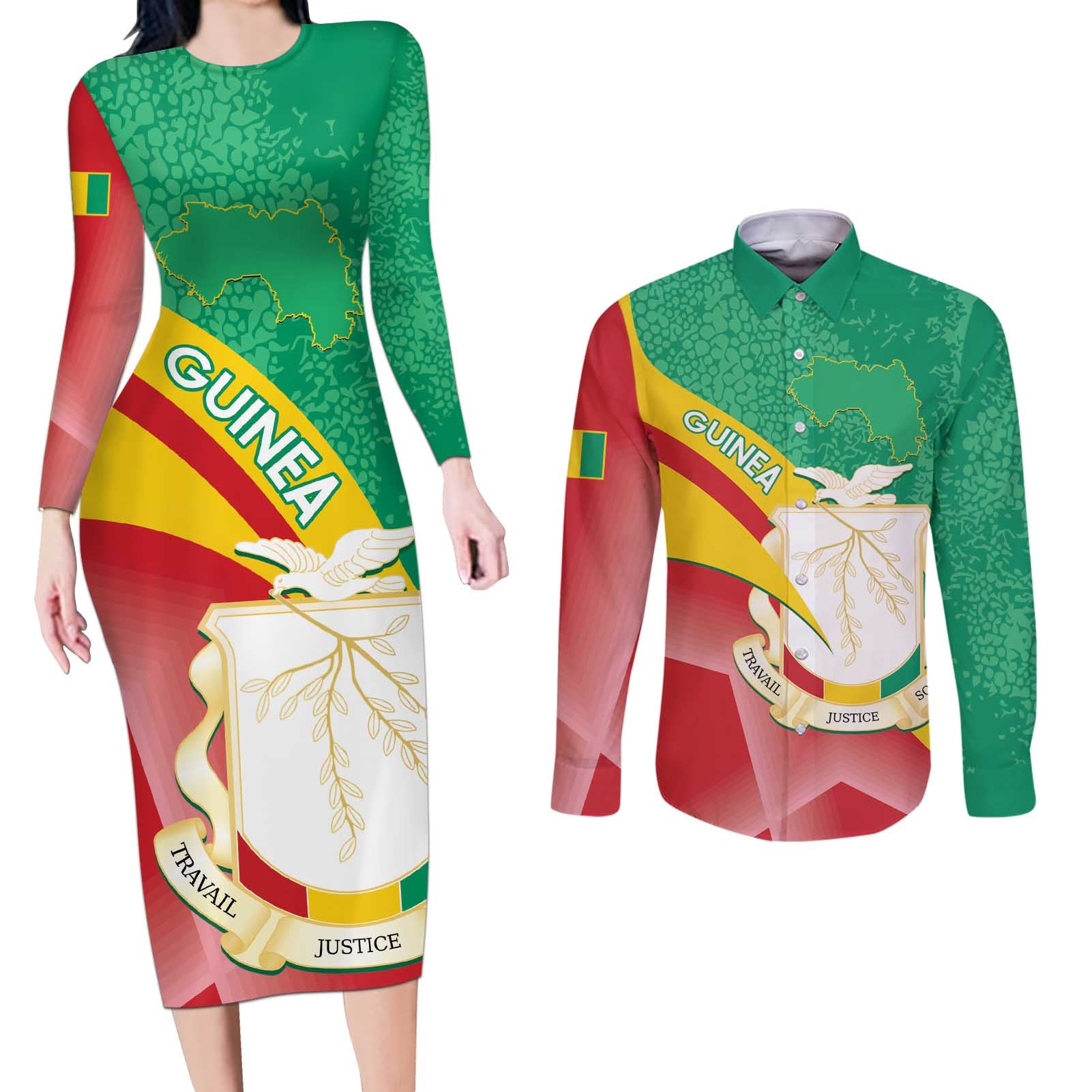 Personalised Guinea Independence Day Couples Matching Long Sleeve Bodycon Dress and Long Sleeve Button Shirt Happy 2 October Guinee Coat Of Arms - Wonder Print Shop